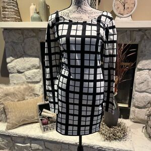 Black and White Long Sleeve Sheath Dress with Square Neck